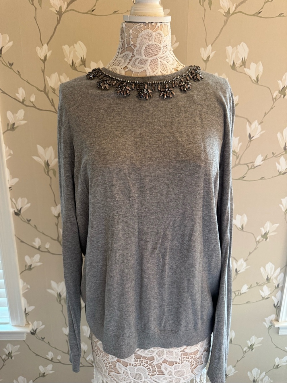 Ralph Lauren Gray Jeweled Crewneck Sweater